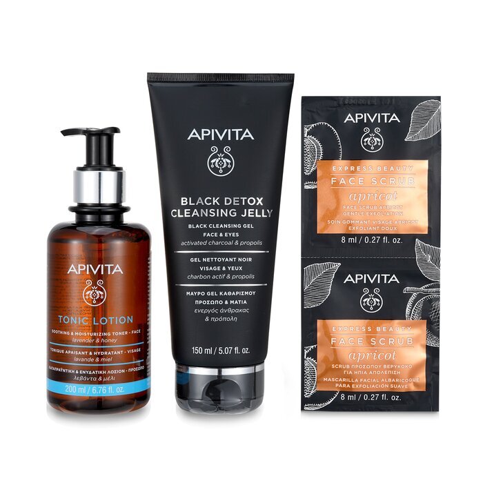 Apivita Is It Clear? Cleansing & Soothing Set: Cleansing Jelly 150ml+ Tonic Lotion 200ml+ Face Scrub with Apricot 2x8ml 3pcs