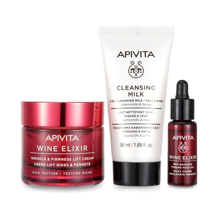 Apivita Di-Vine Beauty (Wine Elixir- Rich Texture) Gift Set: Wrinkle Lift Cream 50ml+ Face Oil 10ml+ Cleansing Milk 50ml+ Pouch 3pcs+1pouch