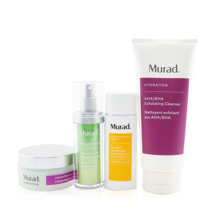 Murad Skin Clinic Radiance Revealed With Murad Set: Retinol Youth Renewal Serum 30ml + City Skin Age Defense Mineral Sunscreen SPF 50 50ml + AHA/ BHA Exfoliating Cleanser 200ml + Intense Recovery Cream 50ml 4pcs