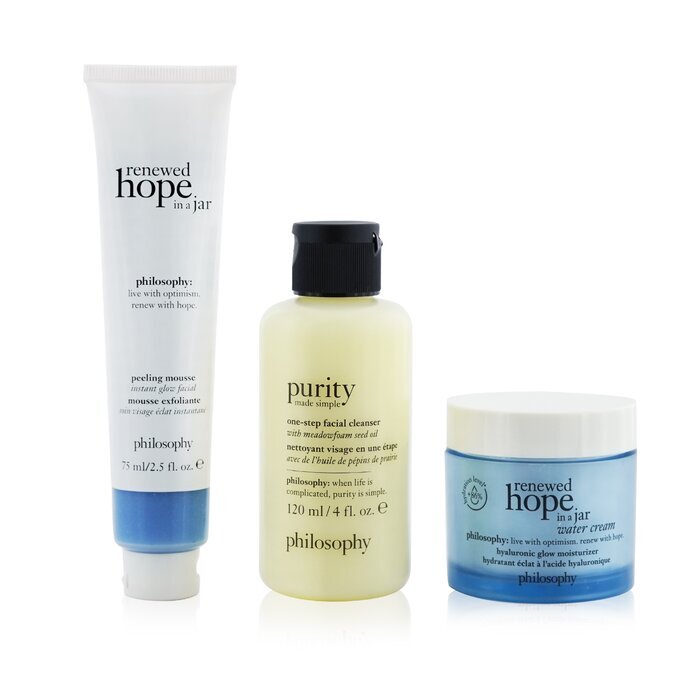 Philosophy Smooth, Glowing & Hopeful 3-Pieces Set: Renewed Hope In A Jar Peeling Mousse 75ml +  One-Step Facial Cleanser 120ml + Renewed Hope In A Jar Hyaluronic Glow Moisturizer 60ml 3pcs
