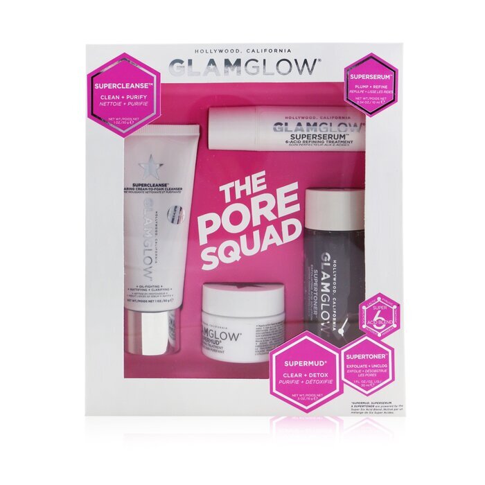Glamglow The Pore Squad Set: 1x Supercleanse Clearing Cream-To-Foam Cleanser - 30g/1oz + 1x Superserum 6-Acid Refining Treatment - 10ml/0.34oz + 1x Supermud Clearing Treatment - 15g/0.5oz +  1x Supertoner Exfoliating Acid Solution - 30ml/1oz 4pcs