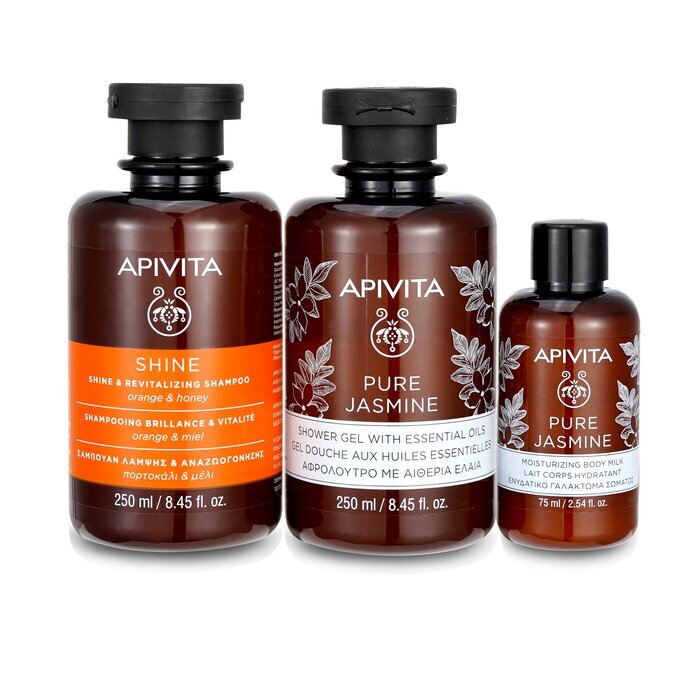 Apivita Holly Jolly Treats Set: Shine & Revitalizing Shampoo 250ml+ Pure Jasmine Shower Gel 250ml+ Pure Jasmine Body Milk 75ml 3pcs