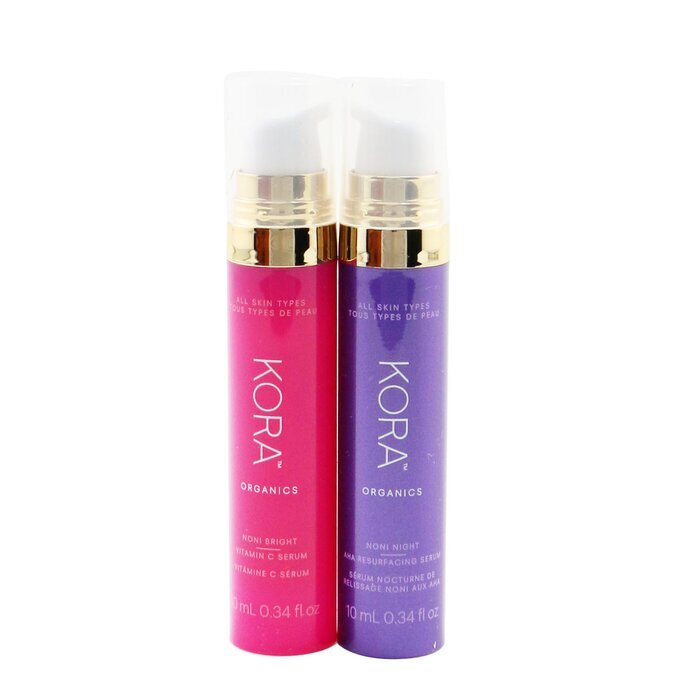 Kora Organics Glow Bright Day & Night Set: Noni Bright Vitamin C Serum 10ml  + Noni Night AHA Resurfacing Serum 10ml 2x 10ml/0.34oz