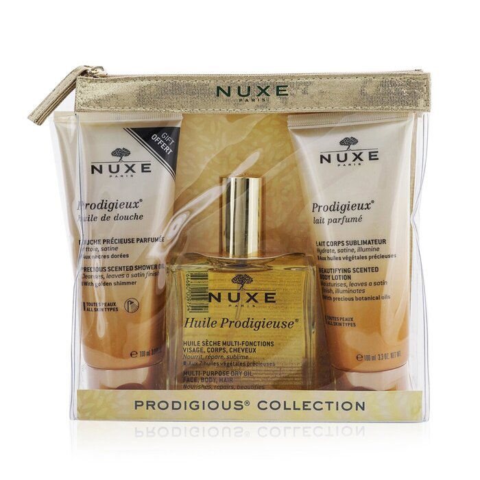 Nuxe Prodigious Collection: Huile Prodigieuse Multi-Purpose Dry Oil 100ml + Prodigieux Precious  Scented  Shower Oil 100ml + Prodigieux Beautifying Scented Body Lotion 100ml 3pcs