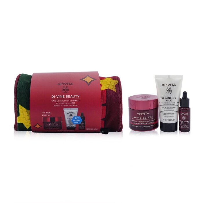 Apivita Di-Vine Beauty (Wine Elixir- Light Texture) Gift Set: Wrinkle Lift Cream 50ml+ Face Oil 10ml+ Cleansing Milk 50ml+Pouch 3pcs+1pouch