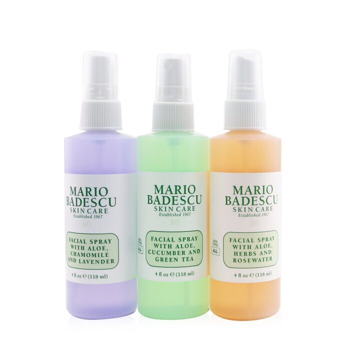 Mario Badescu Spritz. Mist. Glow. Set: Facial Spray With Aloe, Cucumber And Green Tea +  Facial Spray With Aloe, Herbs & Rosewater + Facial Spray With Aloe, Chamomile & Lavender 3x 118ml/4oz