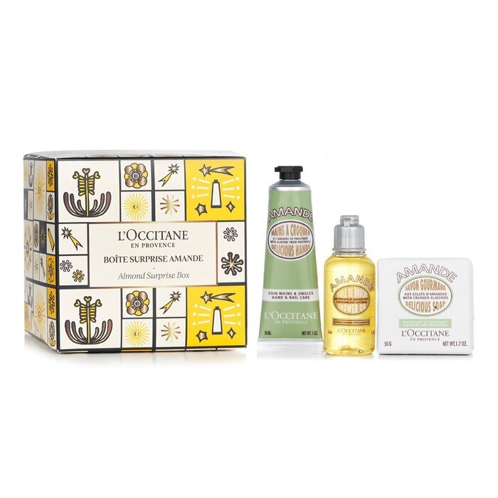 L'Occitane Almond Surprise Box Set: Shower Oil 35ml + Almond Hand Cream 30ml + Almond Solid Soap 50g (Unboxed) 3pcs