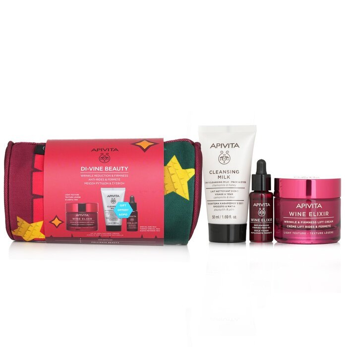 Apivita Di-Vine Beauty (Wine Elixir- Light Texture) Gift Set: Wrinkle Lift Cream 50ml+ Face Oil 10ml+ Cleansing Milk 50ml+Pouch(Exp. Date: 4/2024) 3pcs+1pouch